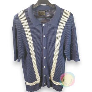 Massive Luxury Edition XL Blue Crochet Knit Polo Cuban Stripe Shirt
